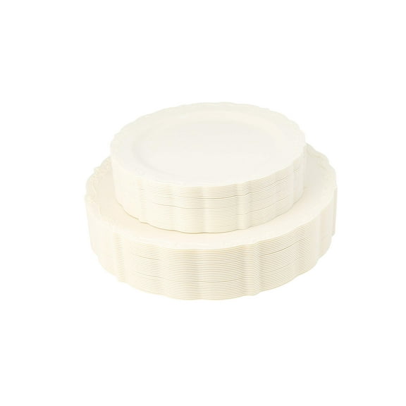 Posh Setting Disposable Plastic Plates Set AFN1- Heavy Vintage Plastic Plates - Ivory Vintage Disposable Dinnerware Sets with 30 Appetizer Plates & 30 Plastic Dinner Plates for Wedding (60 Pack)