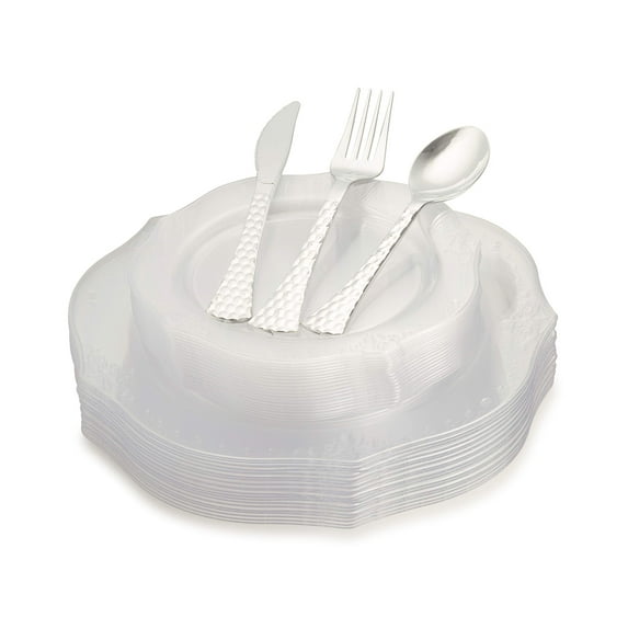 Posh Setting Disposable Plastic Plates Silver Culinary Party Supply Set