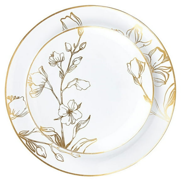 Posh Setting Elegant Disposable Plastic Plates Set, Tableware with Antique Floral Gold, 32 Piece