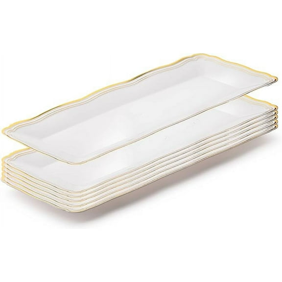 Posh Setting Plastic Serving Tray White Plastic Tray with Gold Rim Border, Disposable Serving Trays Heavyweight Serving platters and Trays 13.75"x6" Appetizer Tray [6 Pack]