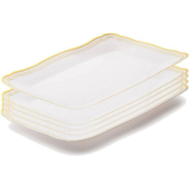 Posh Setting Plastic Serving Tray White Plastic Tray with Gold Rim Border, Disposable Serving