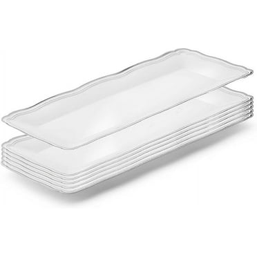 Posh Setting Plastic Serving Tray White Plastic Tray with Silver Rim Border, Disposable Serving Trays Heavyweight Serving platters and Trays 9"x13" Appetizer Tray [6 Pack]