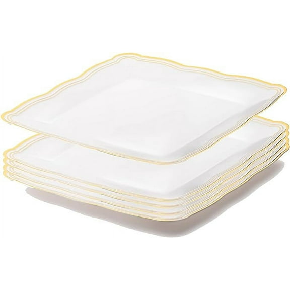 Posh Setting Plastic Serving Tray White Square Plastic Tray with Gold Rim Border, Disposable Serving Trays Heavyweight Serving platters and Trays 12"x12" Appetizer Tray [6 Pack]