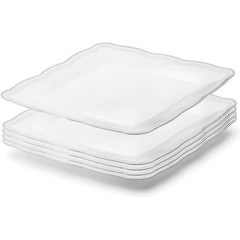 Posh Setting Plastic Serving Tray White Square Plastic Tray with Silver Rim  Border, Disposable Serving Trays Heavyweight Serving platters and trays  12x12 Appetizer Tray [6 Pack] 