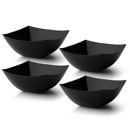 Posh Setting Square Plastic Serving Bowls, Small Black Plastic Candy Bowls, 4 Pack Plastic Disposable Party Snack, Buffet, Chips, or Salad Bowl, Heavy Duty