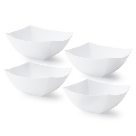 Posh Setting Square Plastic Serving Bowls, Small White Plastic Candy Bowls, 4 Pack Plastic Disposable Party Snack, Buffet, Chips, or Salad Bowl, Heavy Duty