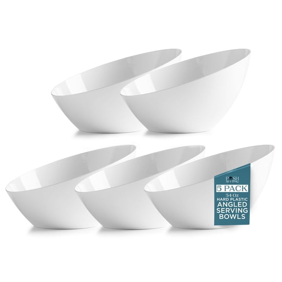 Posh Setting - White Plastic Serving Bowls for Party - Angled, Disposable, Chip & Candy Bowls - 54 OZ, 5 Pack Y102
