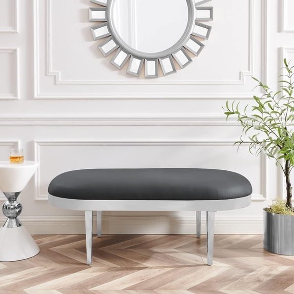 Issac Oval Bench Gray Leather PU Upholstered Polished Legs