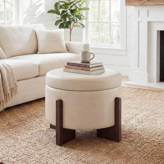 Poshby 23'' Round Faux Leather Ottoman Coffee Table with Storage, Solid Wood for Living Room, Beige