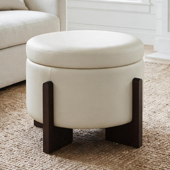 Poshby 22'' Round Faux Leather Ottoman Coffee Table with Storage, Solid Wood for Living Room, Beige