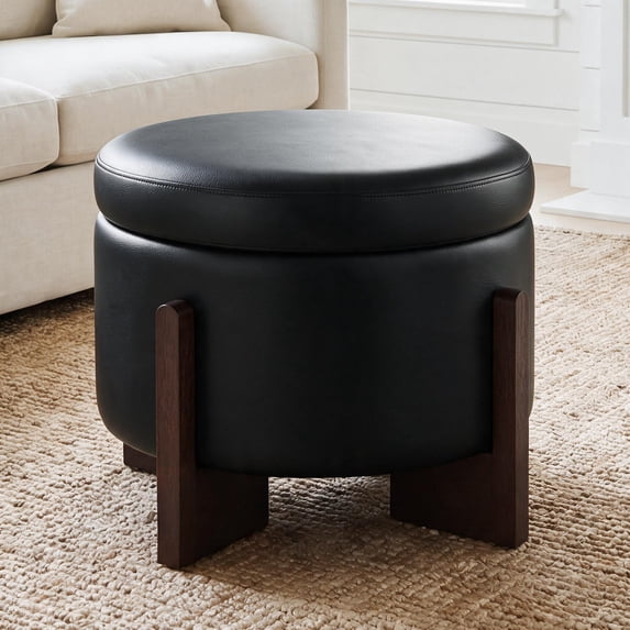 Poshby 22'' Round Faux Leather Ottoman Coffee Table with Storage, Solid Wood for Living Room, Black