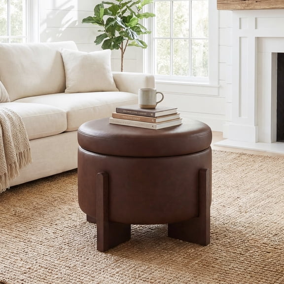 Poshby 23'' Round Faux Leather Ottoman Coffee Table with Storage, Solid Wood for Living Room, Brown