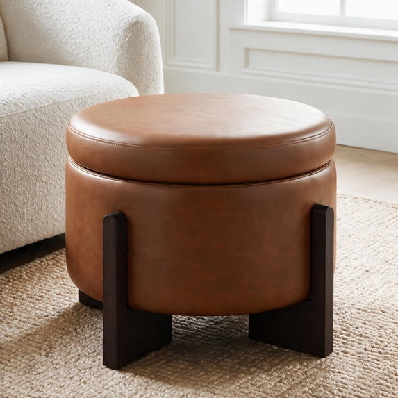 Poshby 22'' Round Faux Leather Ottoman Coffee Table with Storage, Solid Wood for Living Room, Light Brown
