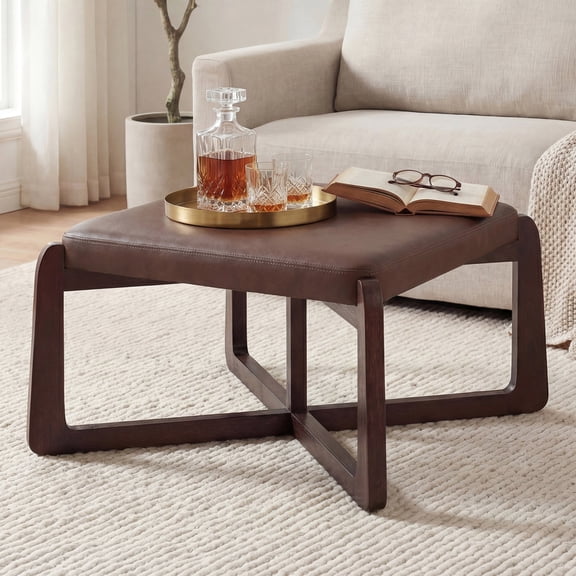 Poshby 24'' Square Faux Leather Ottoman Coffee Table with Solid Wood Legs for Living Room, Brown