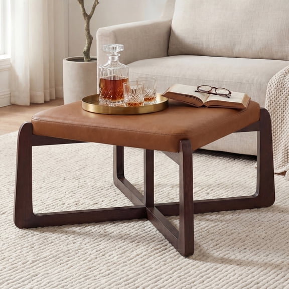 Poshby 24'' Square Faux Leather Ottoman Coffee Table with Solid Wood Legs for Living Room, Light Brown