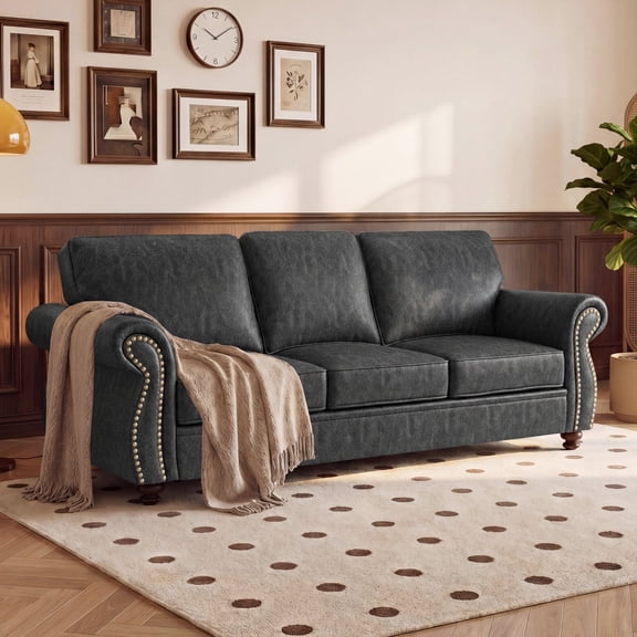Poshby 3 Seater Sofa Couch with Fabric Material, Upholstered Cushions, Mid-Century Modern for Living Room, Gray