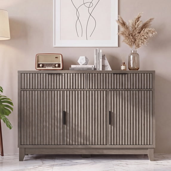Poshby 47" Fluted Credenzas Sideboard Buffet Cabinet with 2 drawers, 3 Doors for Living Room, Gray