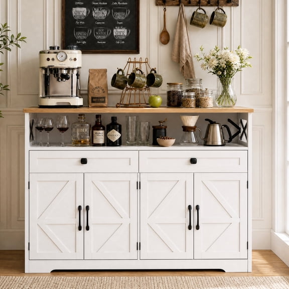 Poshby 47''W Sideboard Buffet Cabinet with Storage, Charging Station for Kitchen, Living Room, Beige
