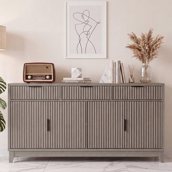 Poshby 55" Fluted Credenzas Sideboard Buffet Cabinet with 3 drawers, 4 Doors for Kitchen, Living Room, Gray
