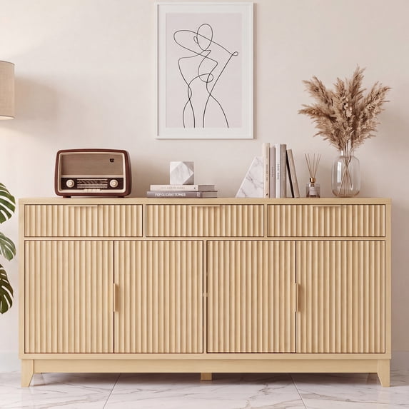 Poshby 55" Fluted Credenzas Sideboard Buffet Cabinet with 3 drawers, 4 Doors for Living Room, Natural
