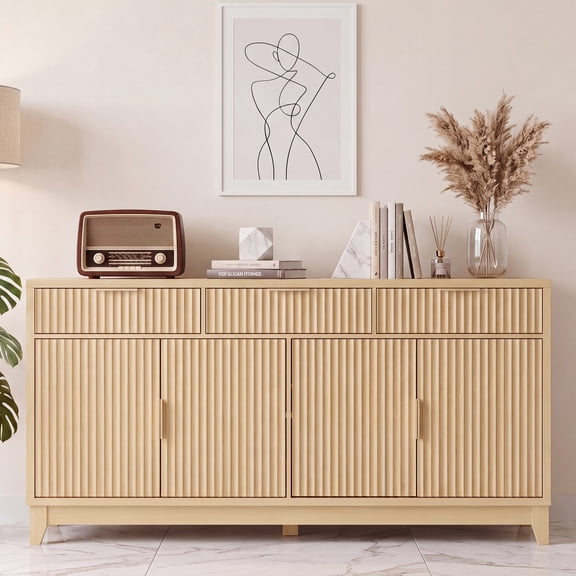 Poshby 55"Fluted Sideboard Buffet Cabinet with 4 Doors,Natural Finish
