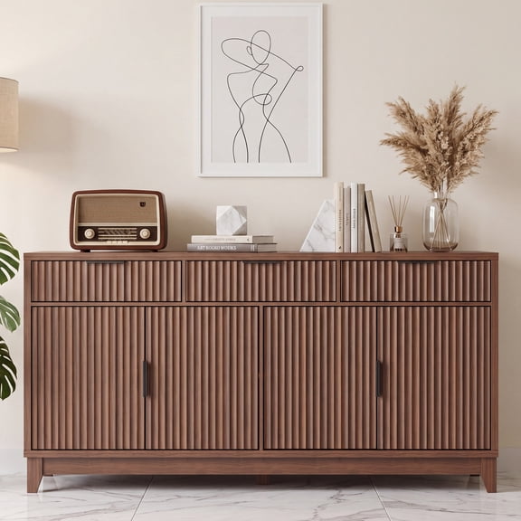 Poshby 55"Fluted Sideboard Buffet Cabinet with 4 Doors,Walnut Finish