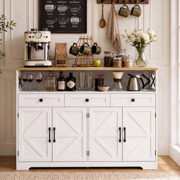 Poshby 55''W Sideboard Buffet Cabinet with Storage, Charging Station for Kitchen, Living Room, Beige