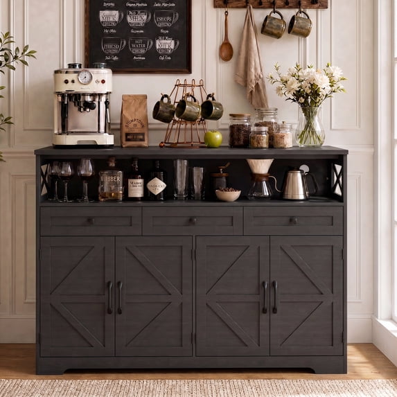 Poshby 55''W Sideboard Buffet Cabinet with Storage, Charging Station for Kitchen, Living Room, Walnut