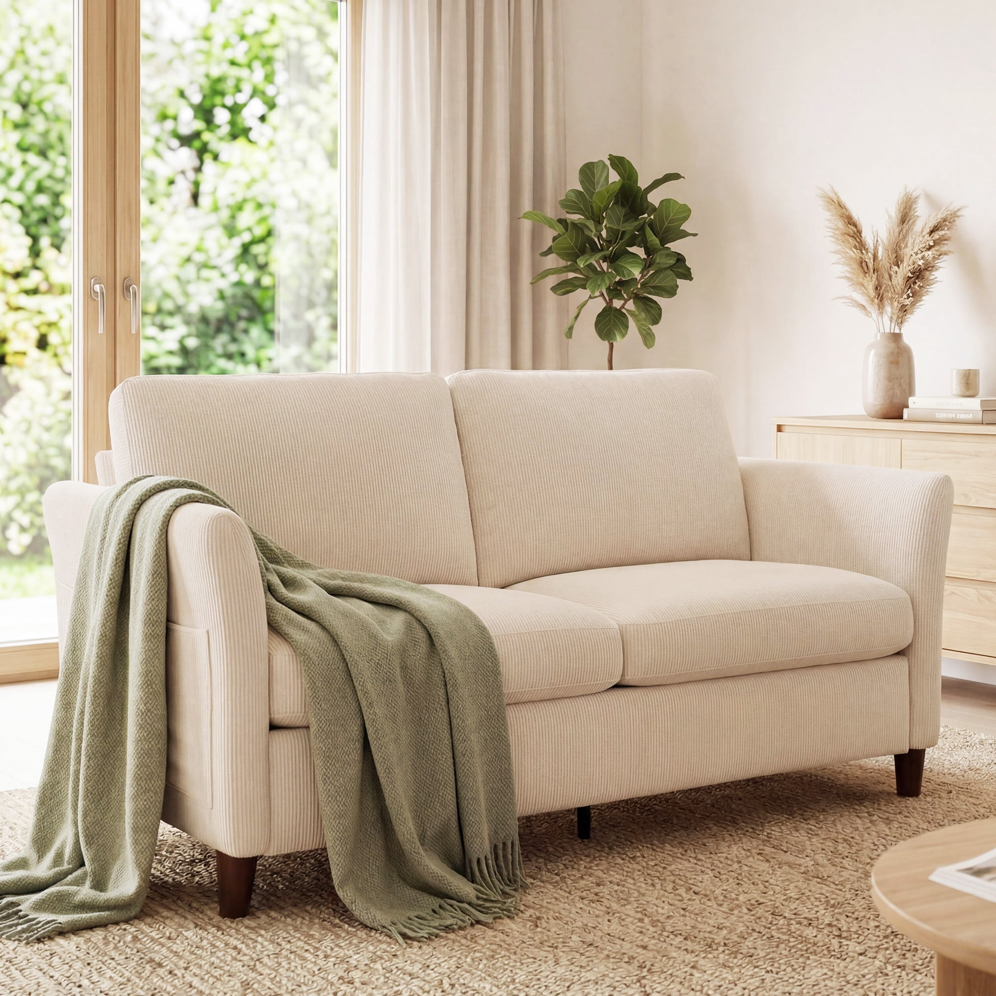 Poshby 60.6'' Corduroy Loveseat Sofas Comfy 2-Seater Couches with Side Pocket for Living Room, Beige