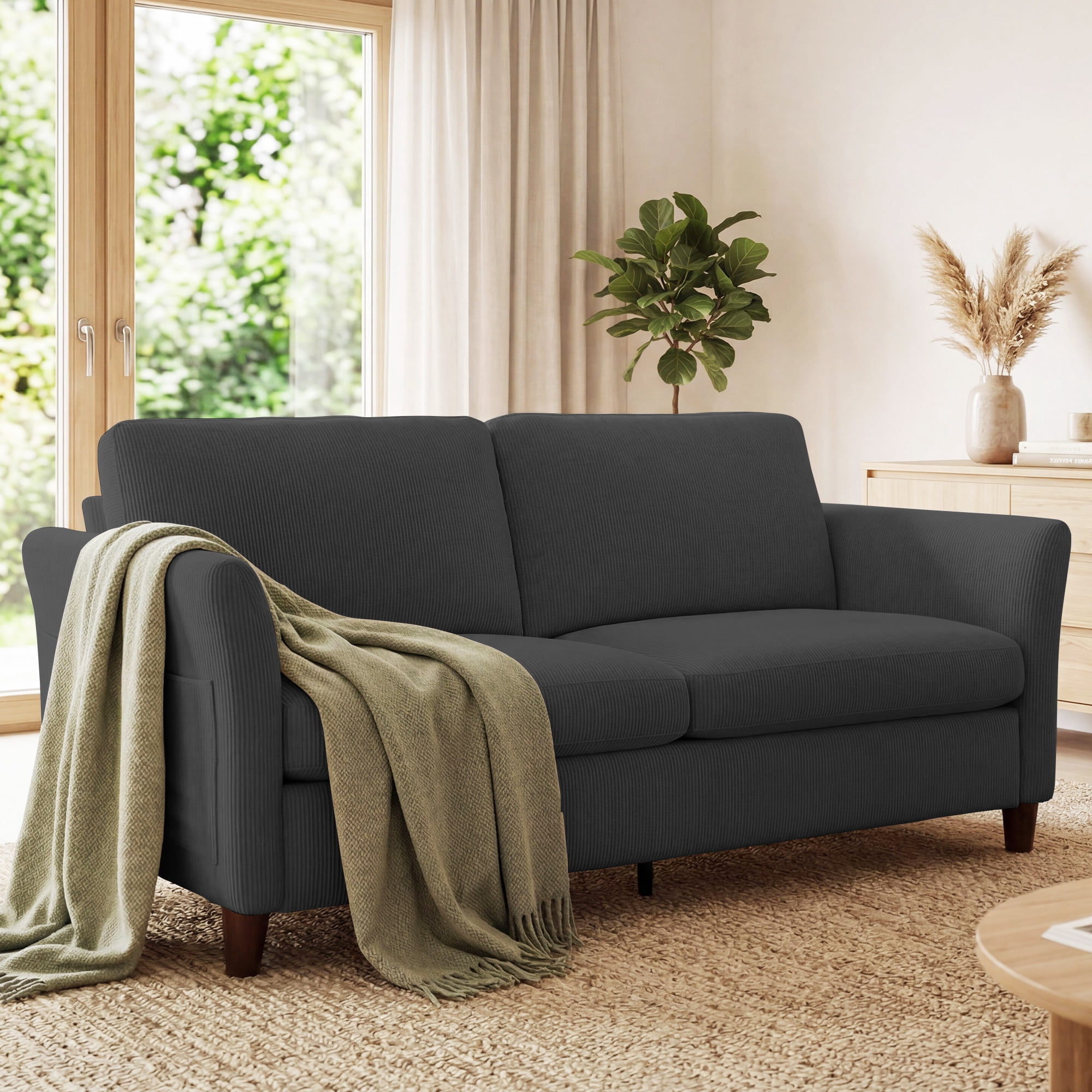 Poshby 79.1'' Comfy Couches Corduroy Sofas Loveseat 3-Seater with Side Pocket for Bedroom, Dark Gray