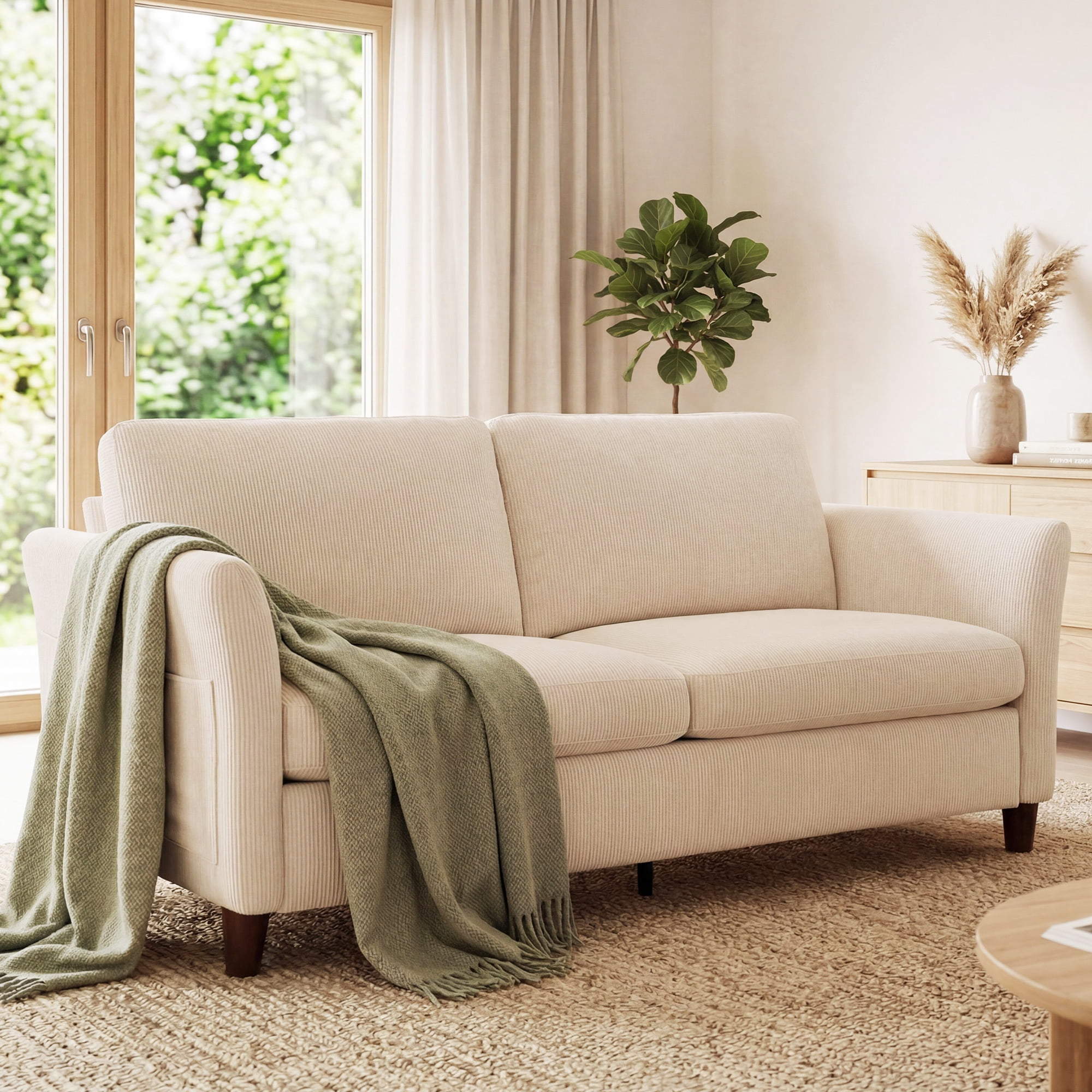 Poshby 79.1'' Comfy Couches Corduroy Sofas Loveseat 3-Seater with Side Pocket for Living Room, Beige