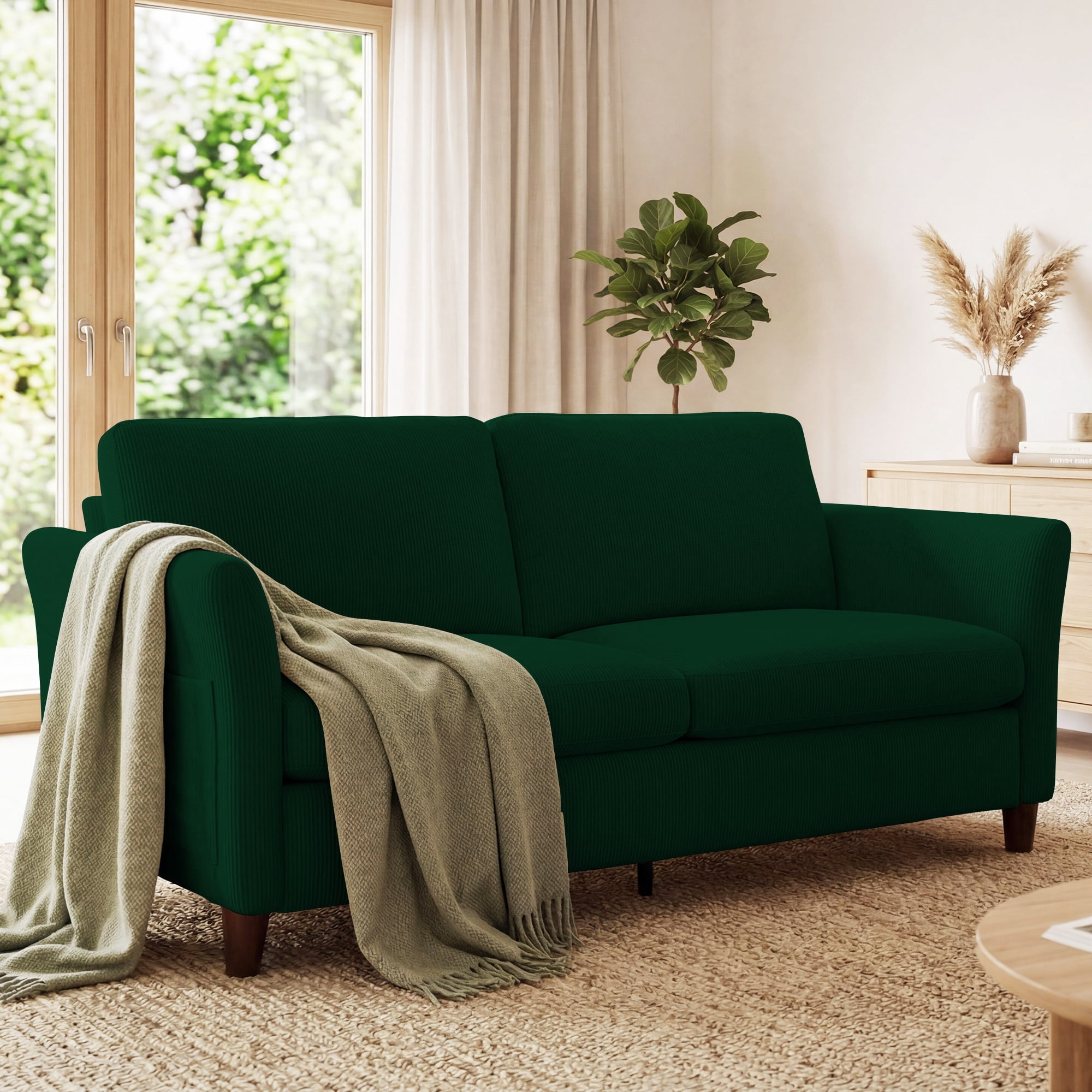Poshby 79.1'' Comfy Couches Corduroy Sofas Loveseat 3-Seater with Side Pocket for Living Room, Green