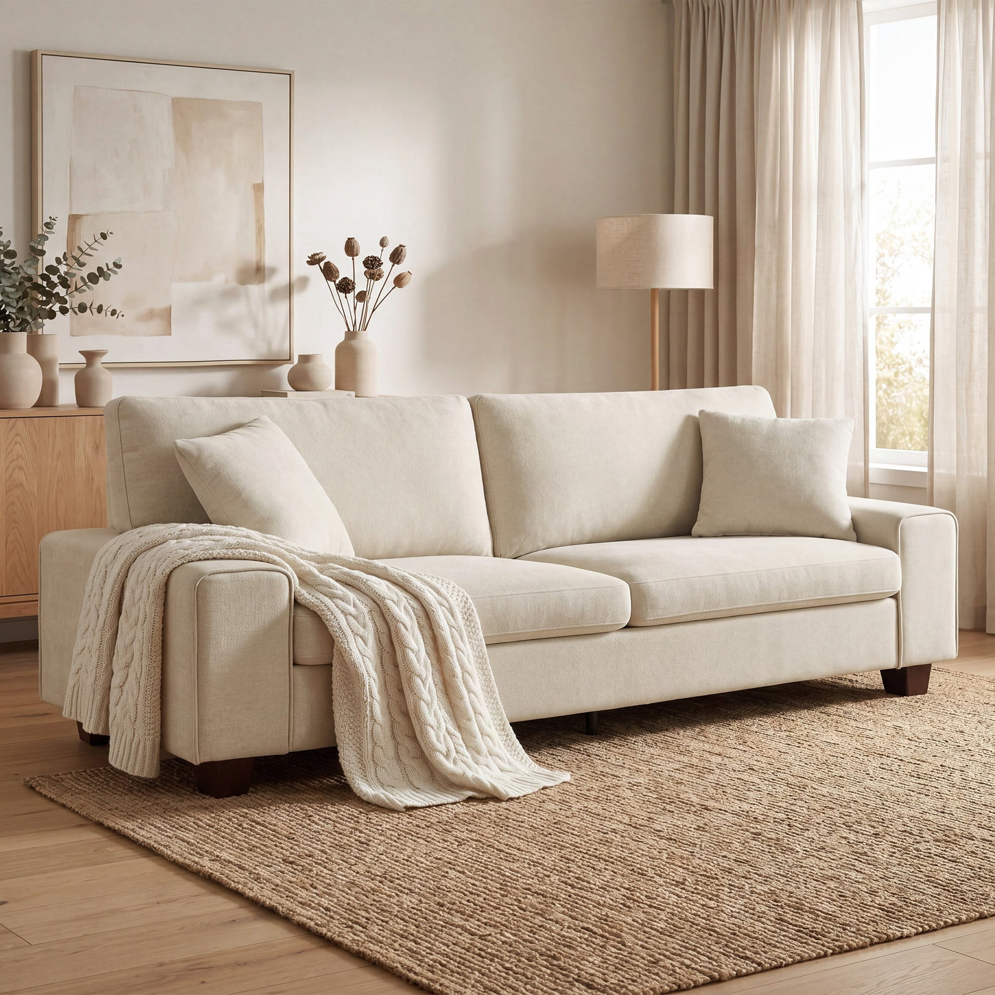 Poshby 88.58''W 3 Seater Sofa Couch with Chenille, Modern Square Arm for Living Room, Beige