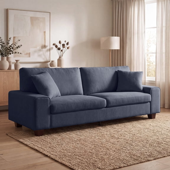 Poshby 88.58''W 3 Seater Sofa Couch with Chenille, Modern Square Arm for Living Room, Blue