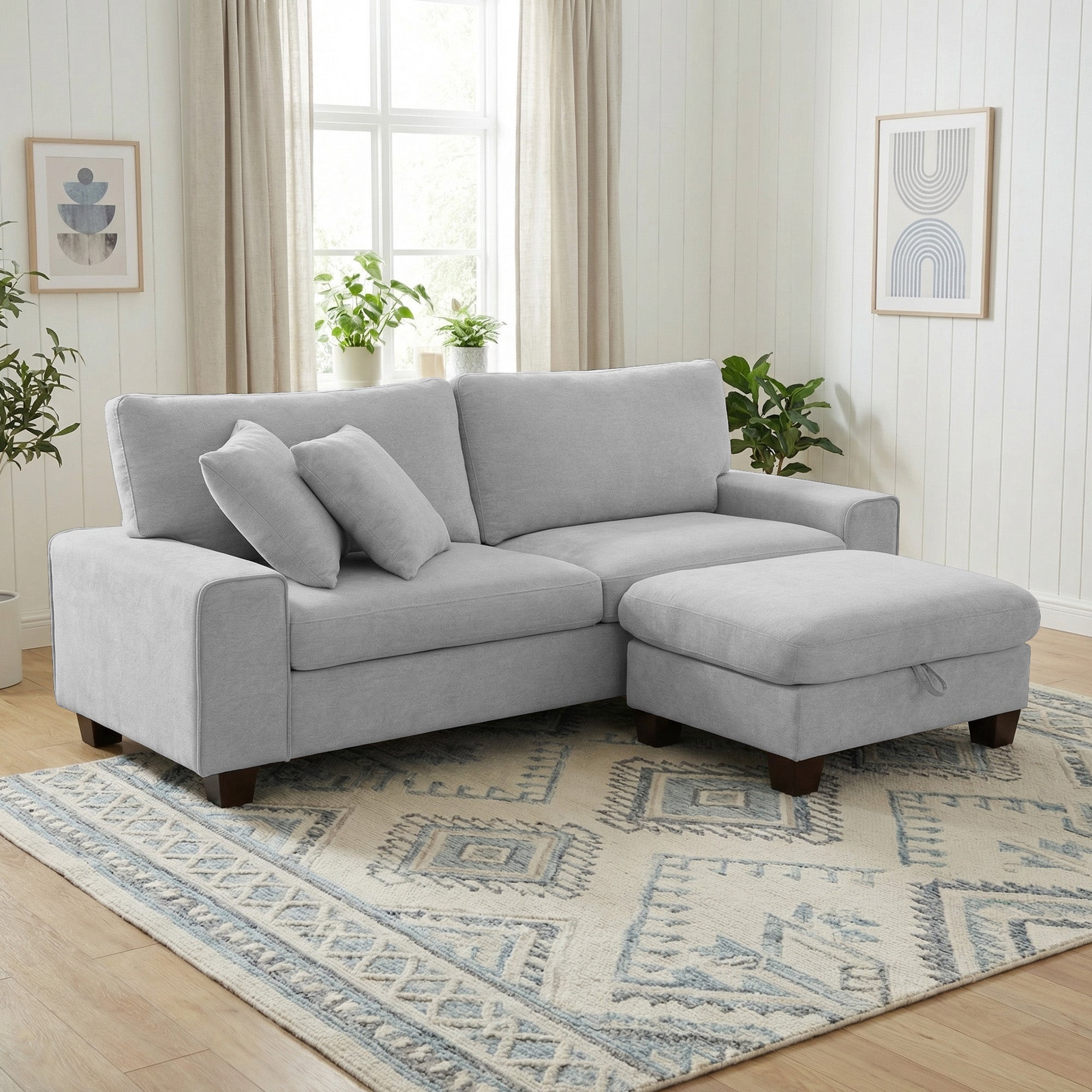 Poshby 88.58''W Sectional Sofa 3 Seater Couch with Chenille, Modern Square Arm for Living Room, Light Gray