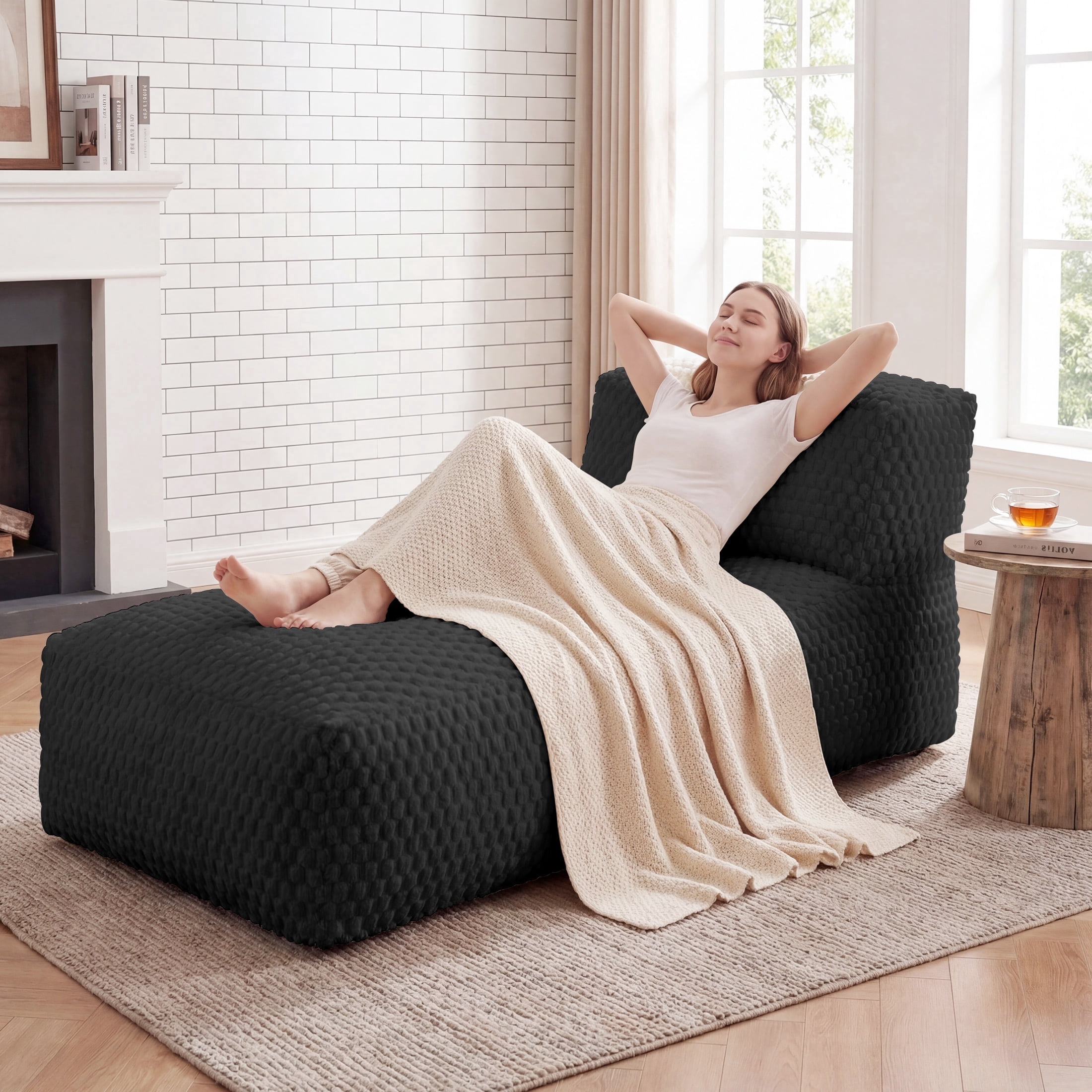 Poshby Big Bean Bag Lounger Chair for Adults, Large Flannel Plush Beanbag Sofa Chair for Living Room or Bedroom, Black