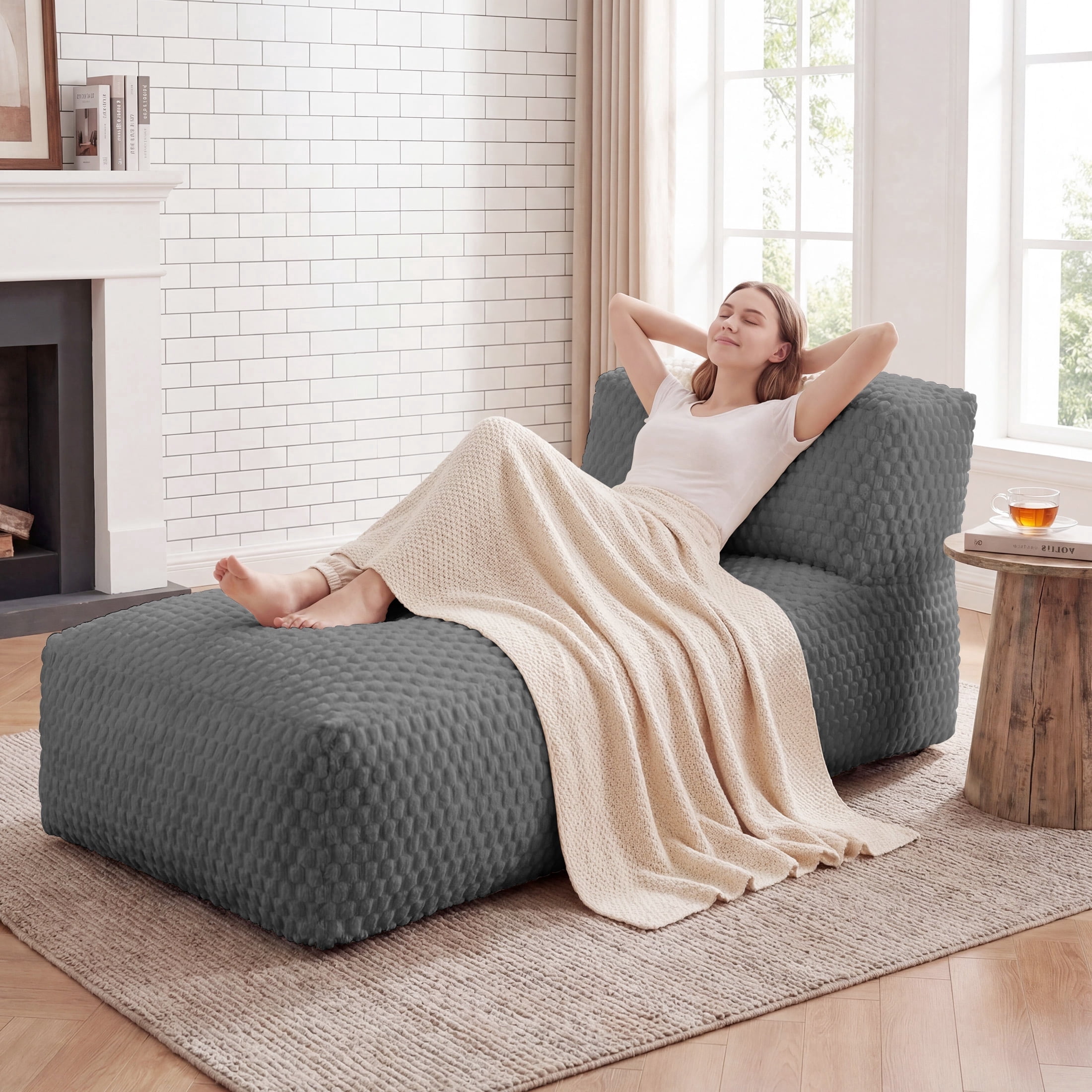 Poshby Big Bean Bag Lounger Chair for Adults, Large Flannel Plush Beanbag Sofa Chair for Living Room or Bedroom, Grey