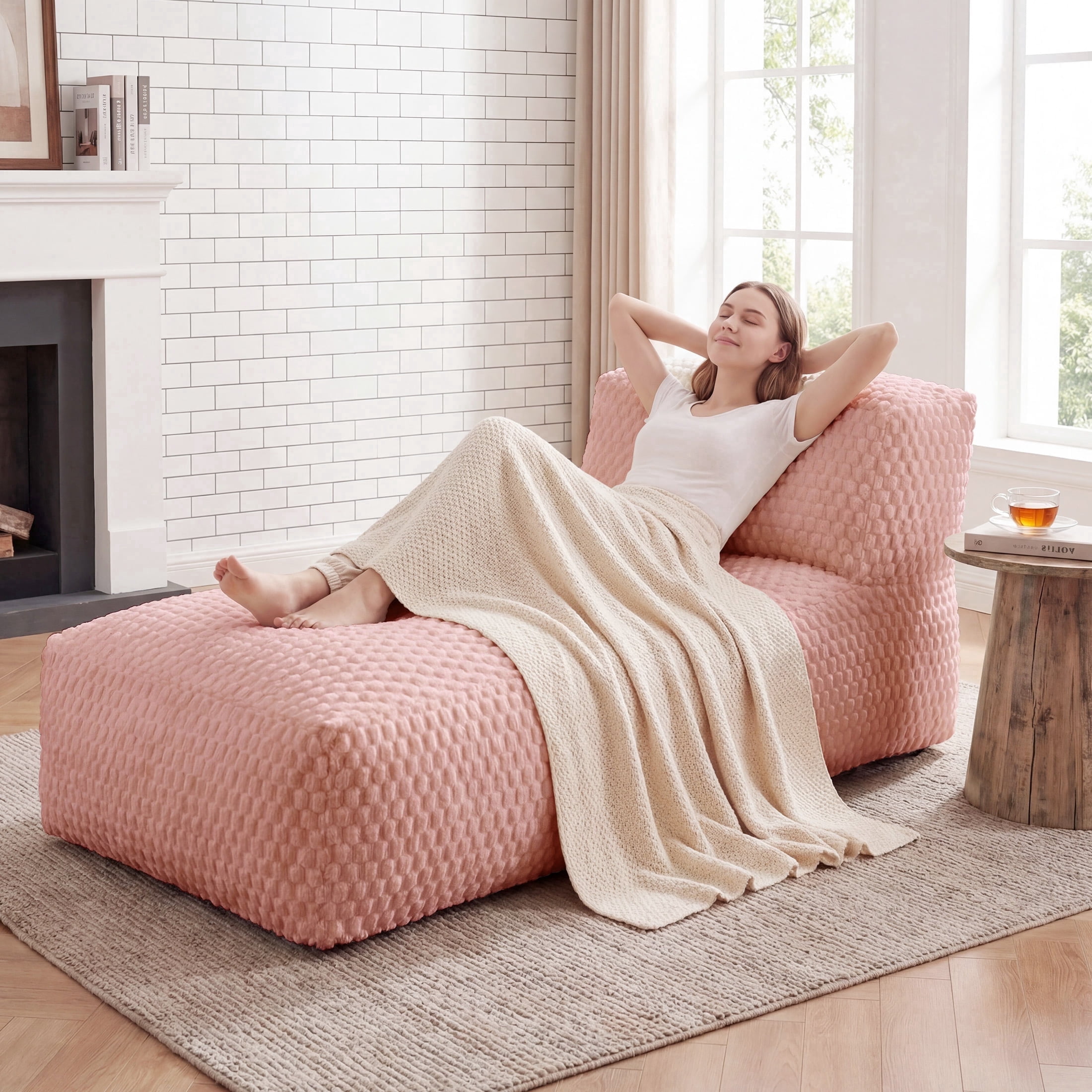 Poshby Big Bean Bag Lounger Chair for Adults, Large Flannel Plush Beanbag Sofa Chair for Living Room or Bedroom, Pink