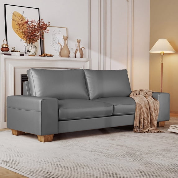 Poshby 88.58''W Faux Leather Sofa 3 Seater Couch with Side Pockets, Wide Arms for Living Room, Gray