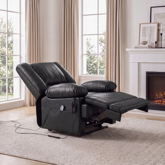 Poshby Dual Motor Lift Recliner Chair with Massage, Heat, Faux Leather For Living Room, Black