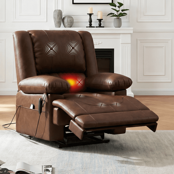 Poshby Dual Motor Lift Recliner Chair with Massage, Heat, Faux Leather For Living Room, Brown