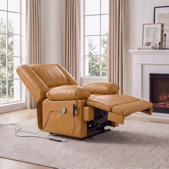 Poshby Dual Motor Lift Recliner Chair with Massage, Heat, Faux Leather For Living Room, Yellow