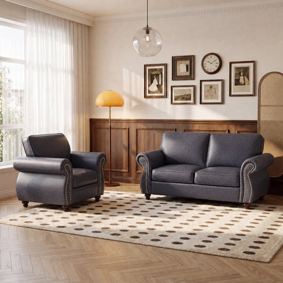 Poshby Living Room Furniture Set of 2 with Accent Chairs(1pc) and Loveseat(1pc), Fabric Material for Living Room, Red Brown