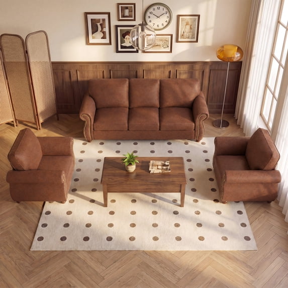 Poshby Living Room Furniture Set of 3 with Accent Chairs(2pcs), 3 Seater Couch(1pc), Fabric Material for Living Room, Rust