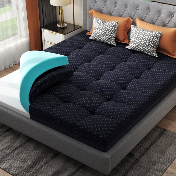 Poshby Queen Size Dual Layer 3 inch Mattress Topper,2 inch Gel Memory Foam and 1 inch Cooling Pillow Top Mattress Pad Cover for Back Pain,Navy