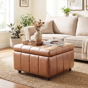 Poshby Square Faux Leather Storage Ottoman, Coffee Table Footrest Stool with Pulley Legs for Living Room or Bedroom, Brown