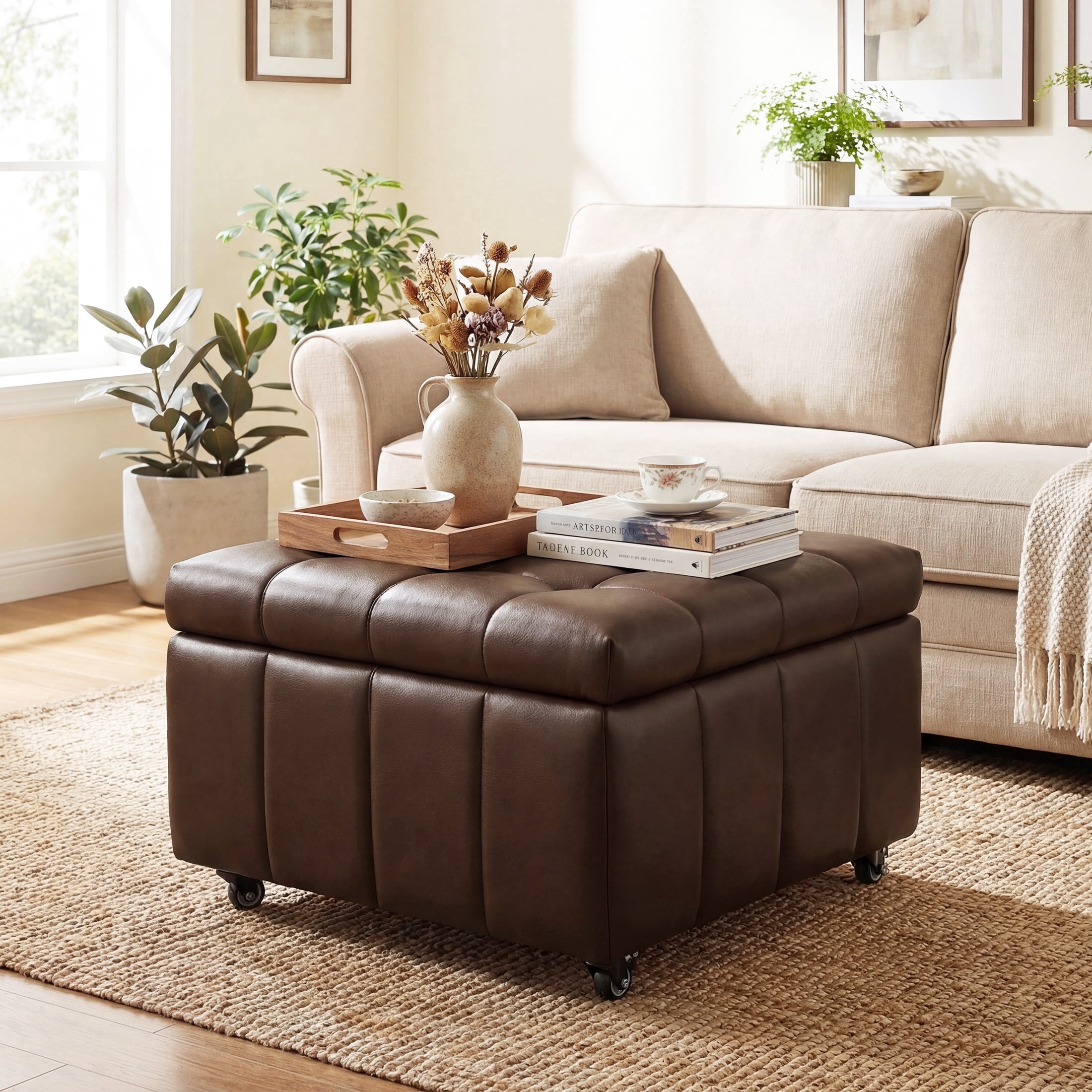 Poshby Square Faux Leather Storage Ottoman, Coffee Table Footrest Stool with Pulley Legs for Living Room or Bedroom, Dark Brown