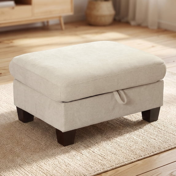 Poshby Storage Ottoman Coffee Table with Chenille Material, Solid Wood Leg for Living Room, Beige