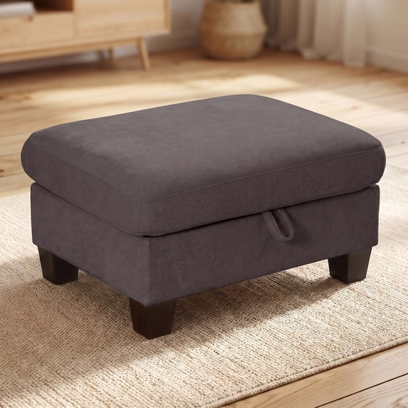 Poshby Storage Ottoman Coffee Table with Chenille Material, Solid Wood Leg for Living Room, Dark Gray