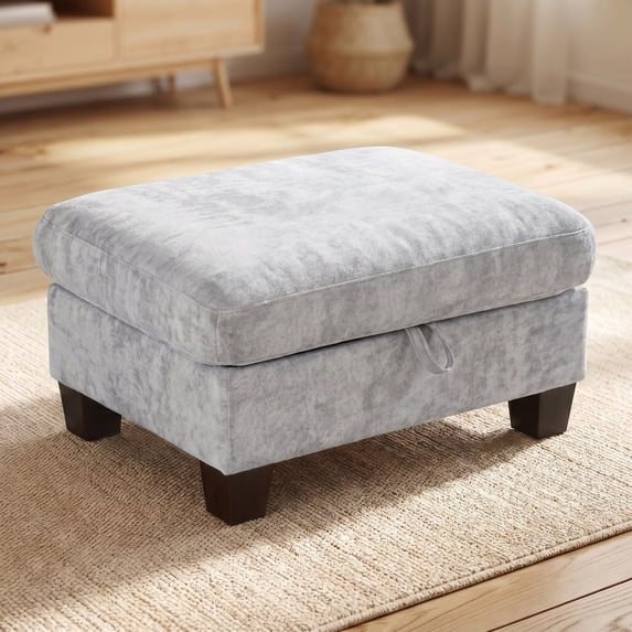 Poshby Storage Ottoman Coffee Table with Chenille Material, Solid Wood Leg for Living Room, Light Gray